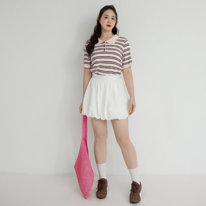 Collared Striped Knit Short Sleeve Plus Size Top