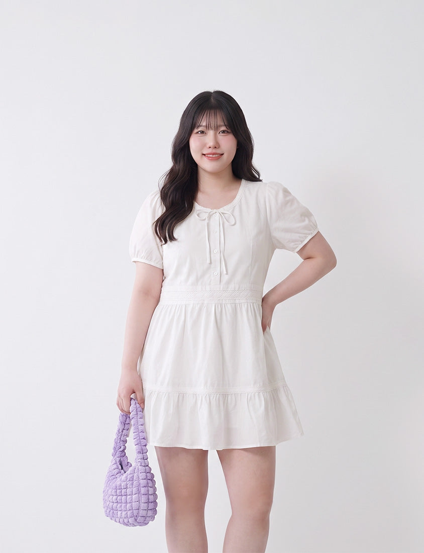 Tie Crew Neck Lace Panel Plus Size Mini Dress