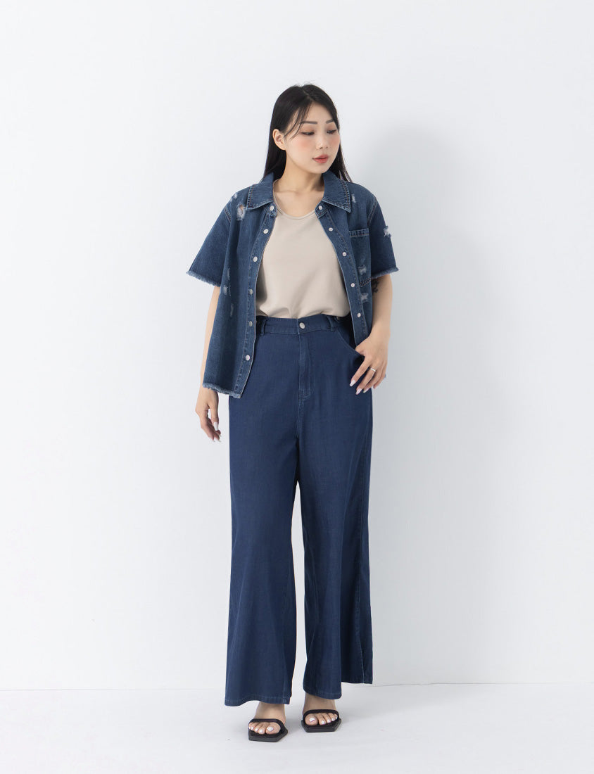 Lightweight Tencel Silky Denim Slit Plus Size Pants