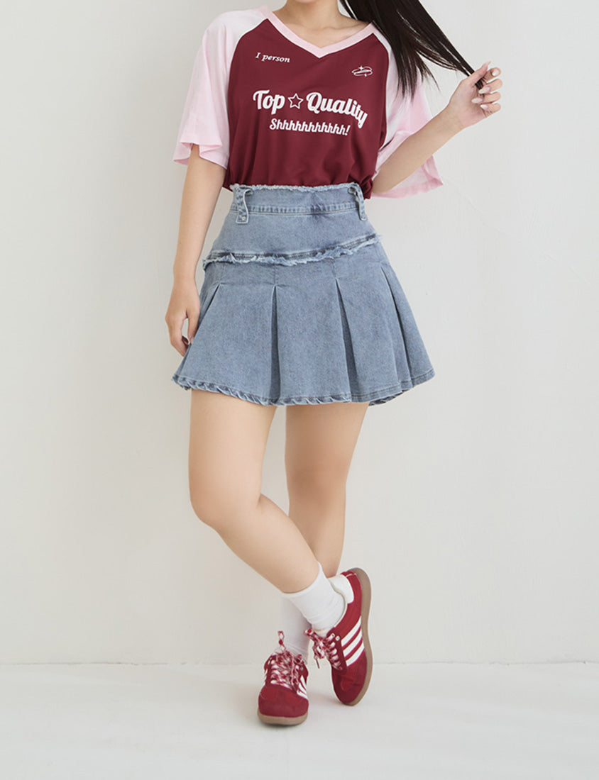 Sweet & Edgy Frayed Denim Pleated Plus Size Mini Skirt
