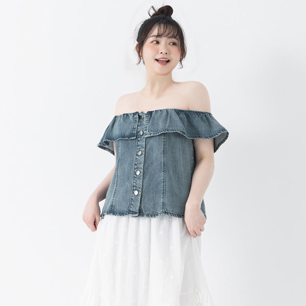 Tencel Silky Denim Ruffle Plus Size Off-Shoulder Top