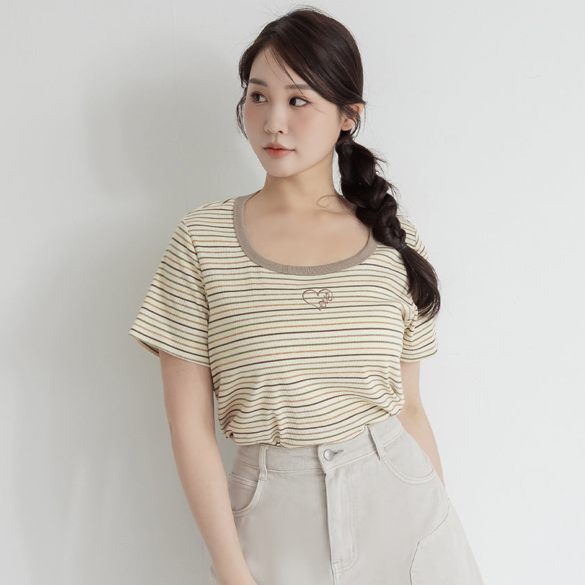 Heart Embroidered Contrast Stripe Plus Size Tee