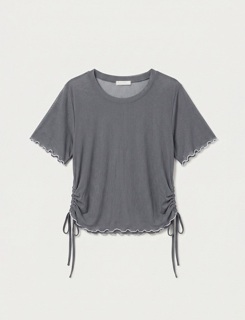 Side Drawstring Sheer Ruffle Sleeve Plus Size Top