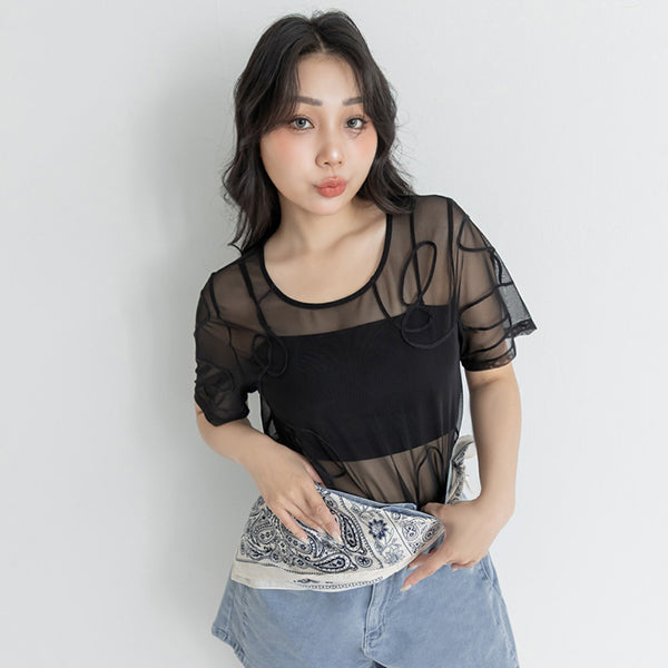 Japanese Style Wavy Line Sheer Textured Plus Size Top
