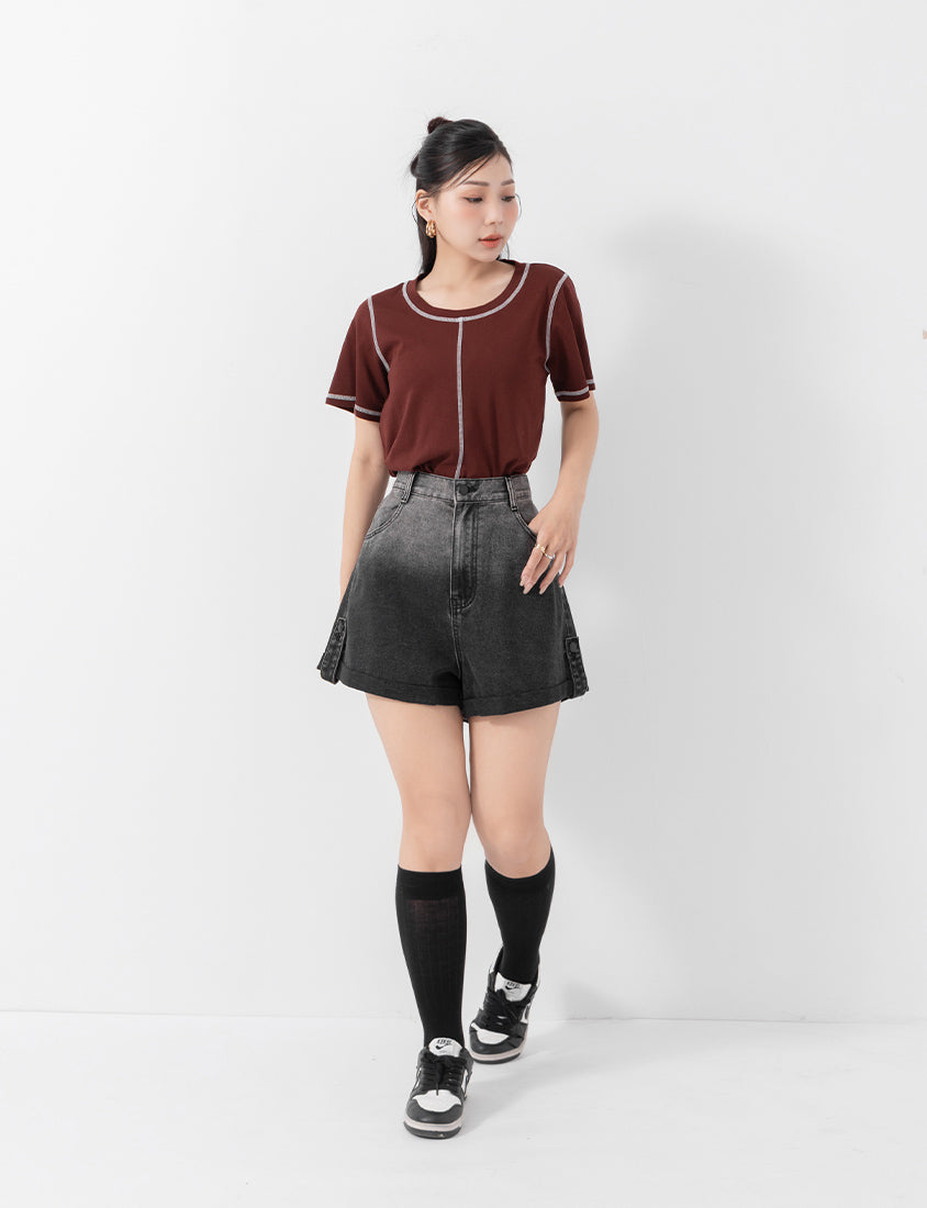 MUA! Cropped Contrast Stitch Short Sleeve Plus Size Tee