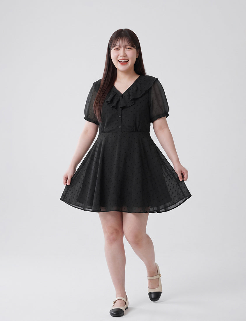 MISS. Polka Dot Jacquard Ruffle V-Neck Plus Size Mini Dress