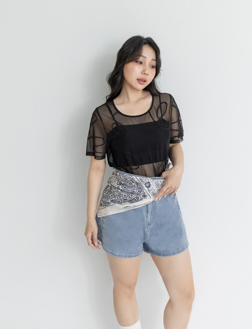 Japanese Style Wavy Line Sheer Textured Plus Size Top