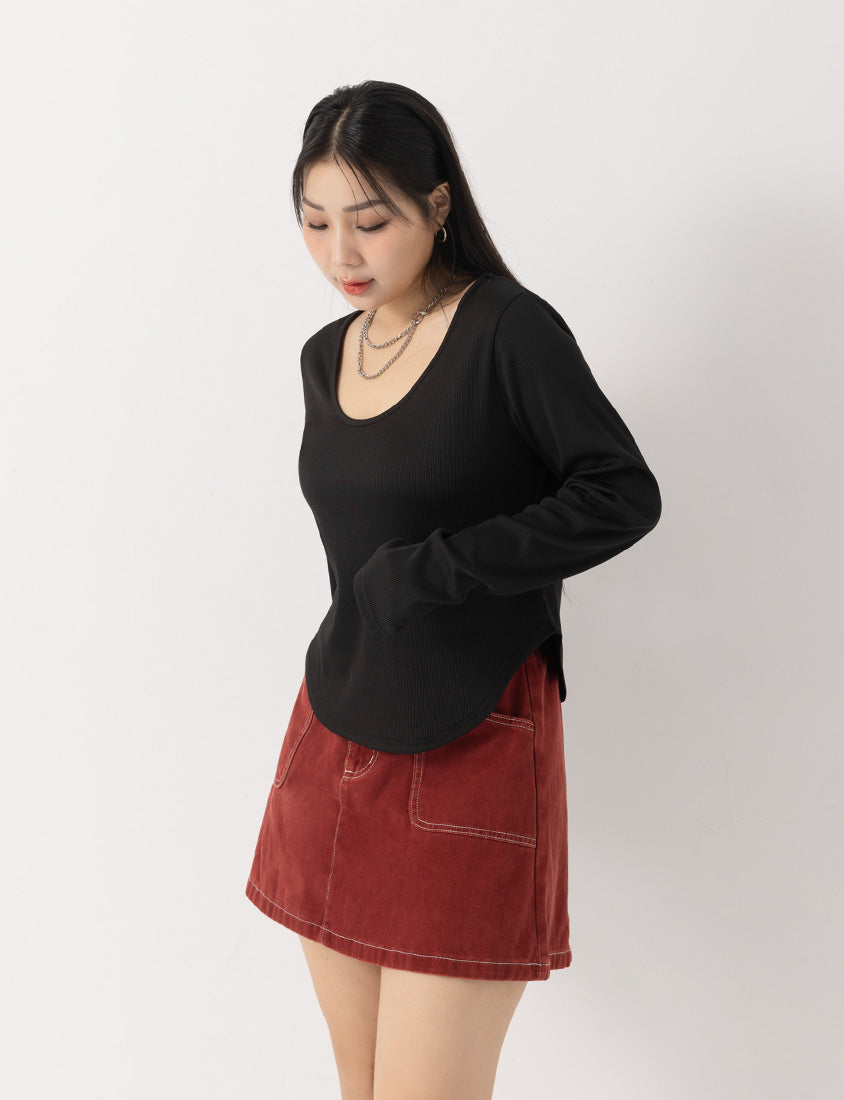 MUA! U-Neck Ribbed Curved Hem Plus Size Long Sleeve Top