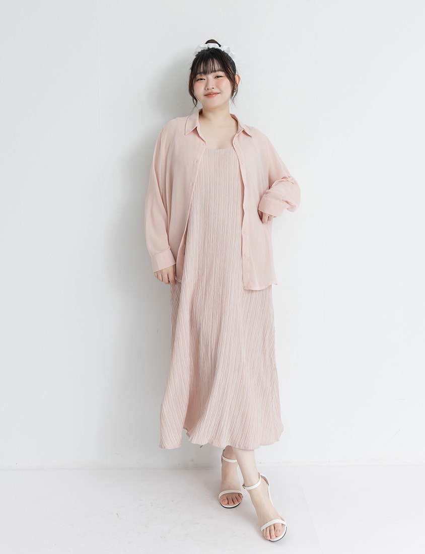 Sheer Shirt With Strap Dress Plus Size Set (With Waist Tie)
