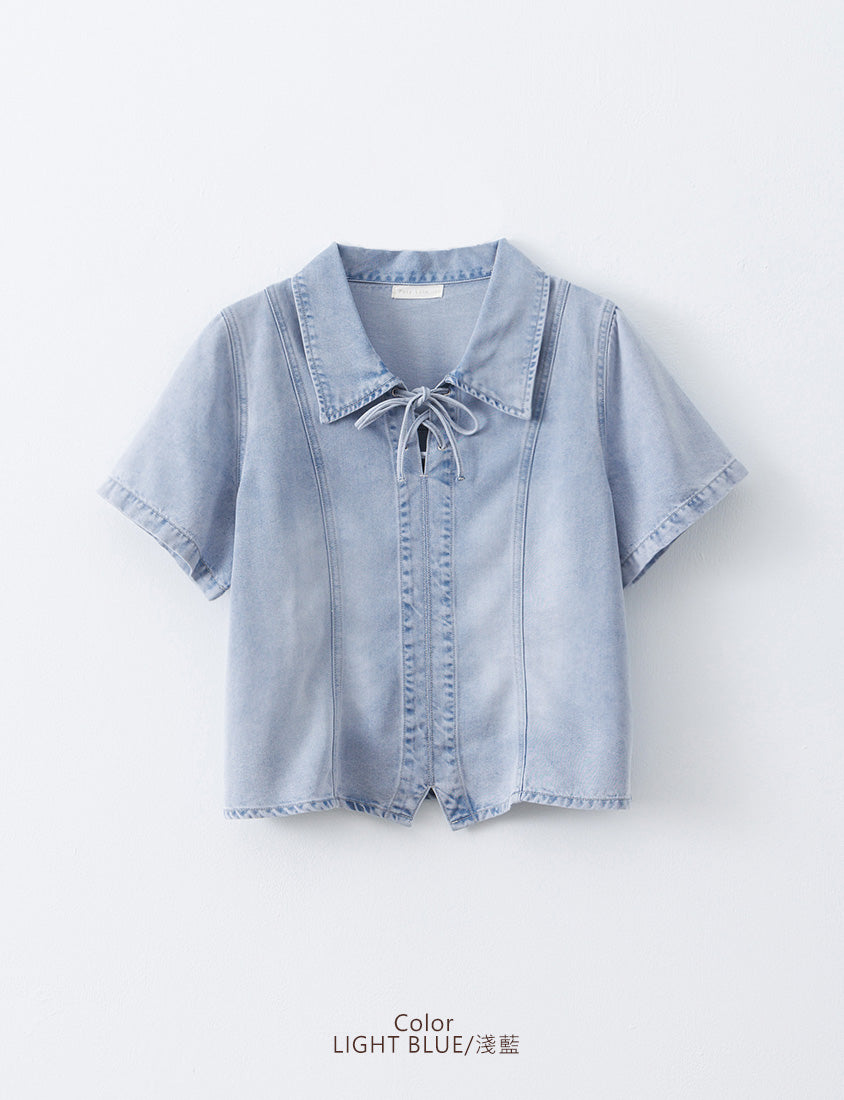 Tencel Silky Denim Tie-Front Collar Plus Size Top