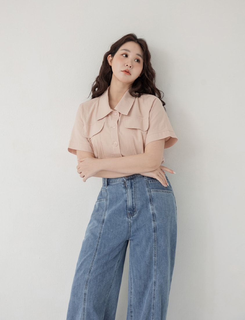 Spring Cotton Linen Stitch Plus Size Short Sleeve Shirt