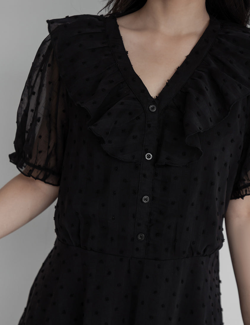 MISS. Polka Dot Jacquard Ruffle V-Neck Plus Size Mini Dress
