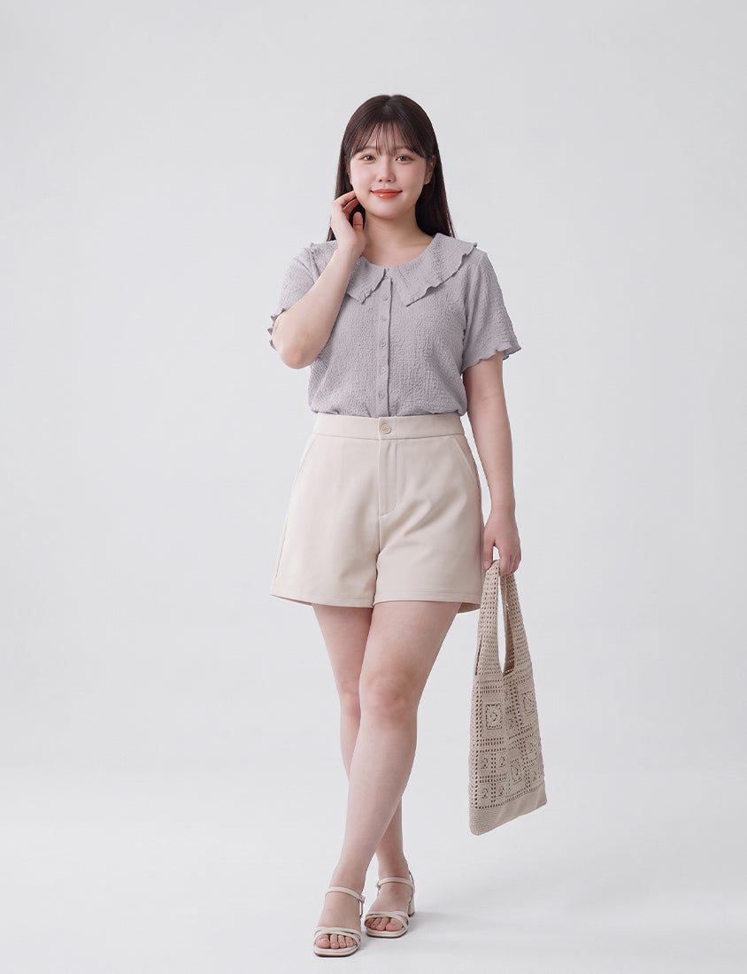 Collared Crinkle Faux Button Short Sleeve Top
