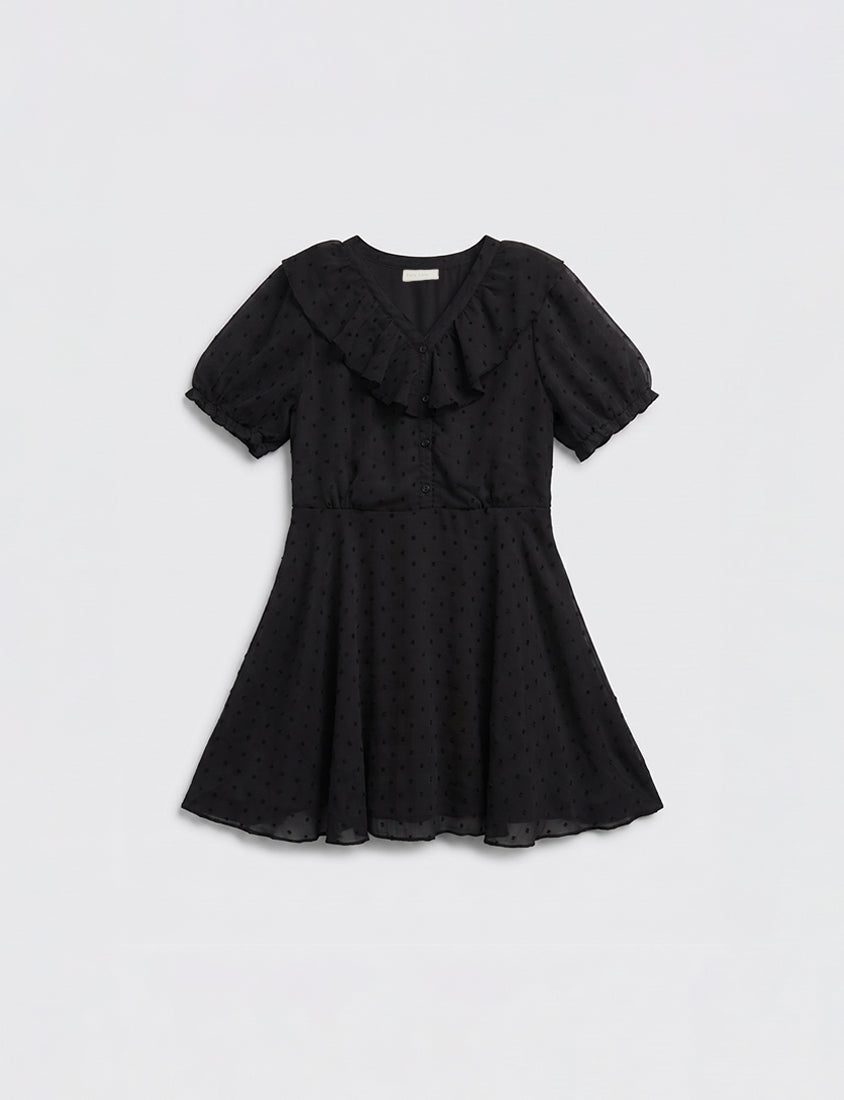 MISS. Polka Dot Jacquard Ruffle V-Neck Plus Size Mini Dress