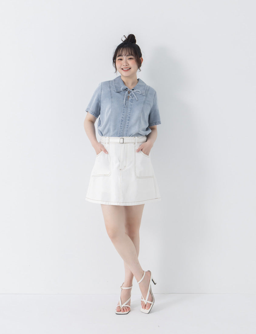 Tencel Silky Denim Tie-Front Collar Plus Size Top