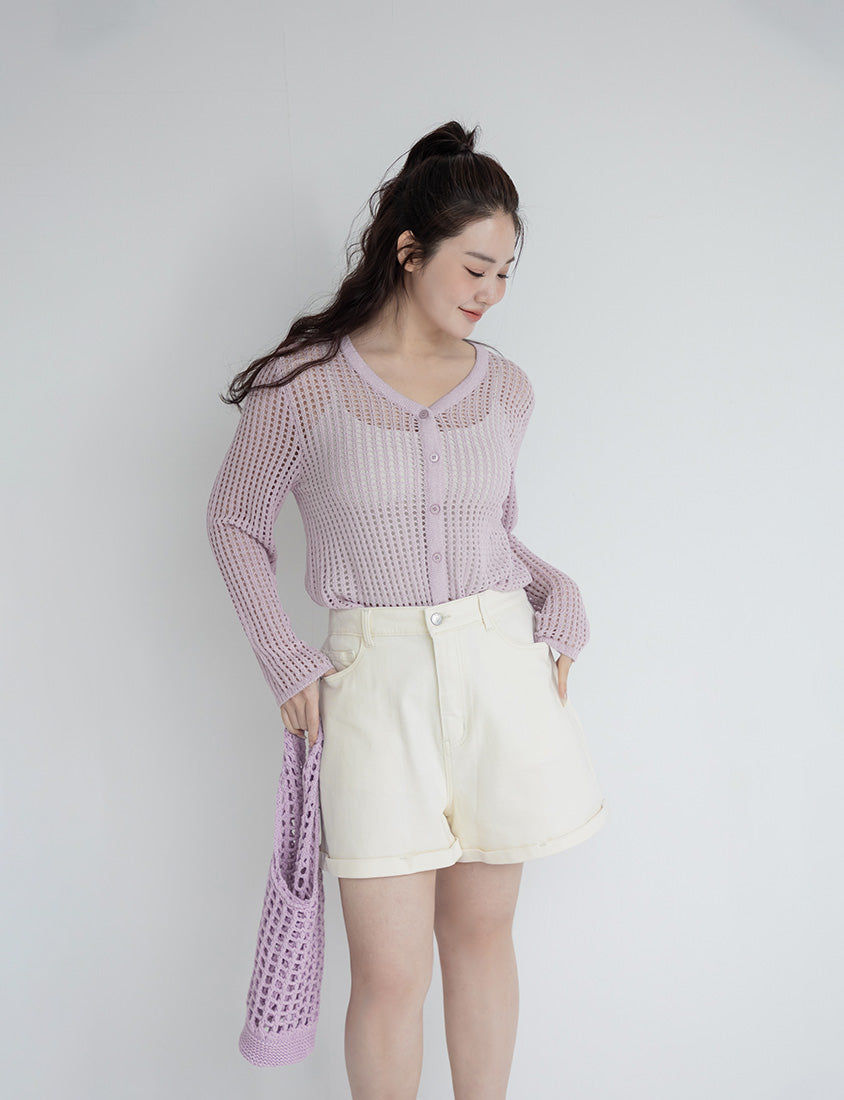 V-Neck Ice Silk Openwork Knit Plus Size Cardigan