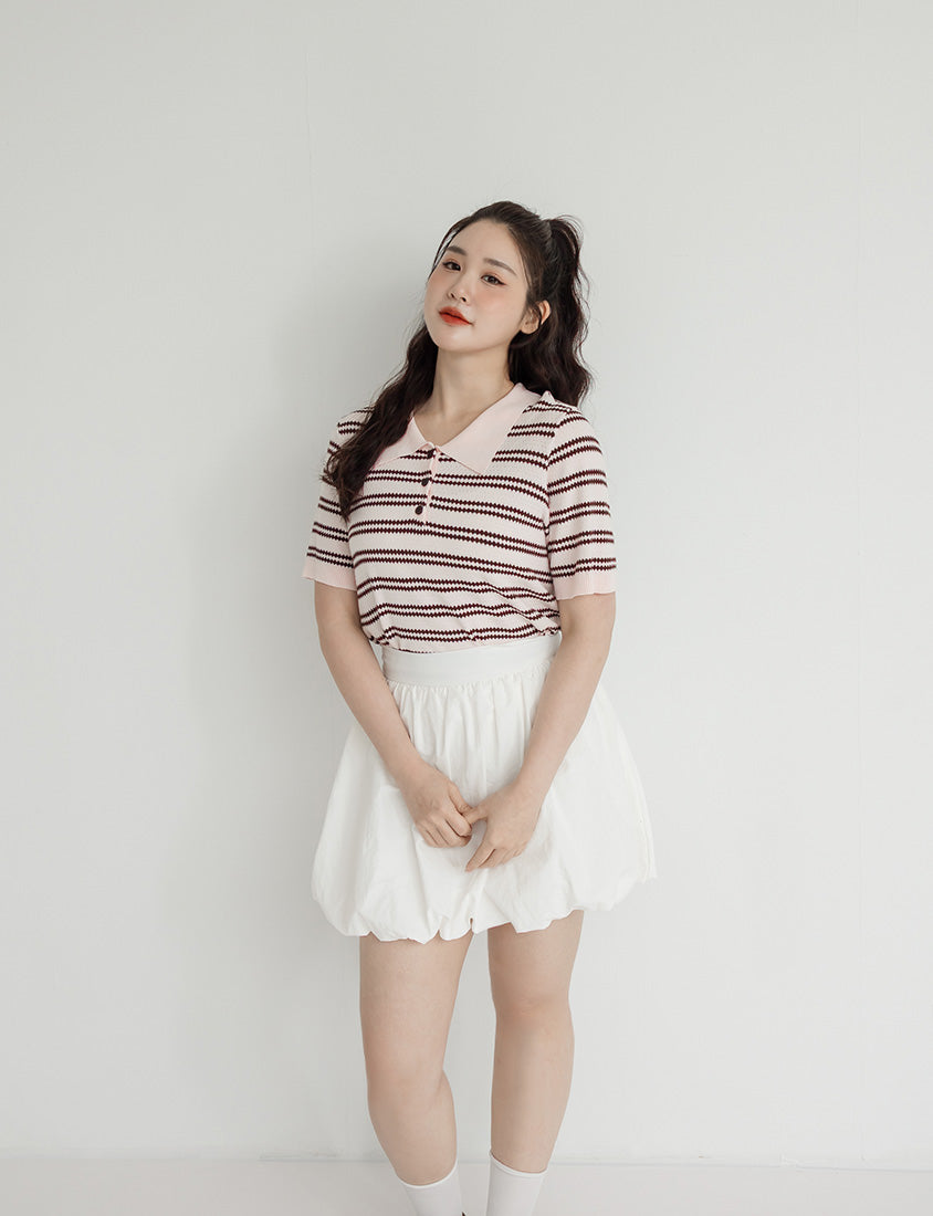 Collared Striped Knit Short Sleeve Plus Size Top