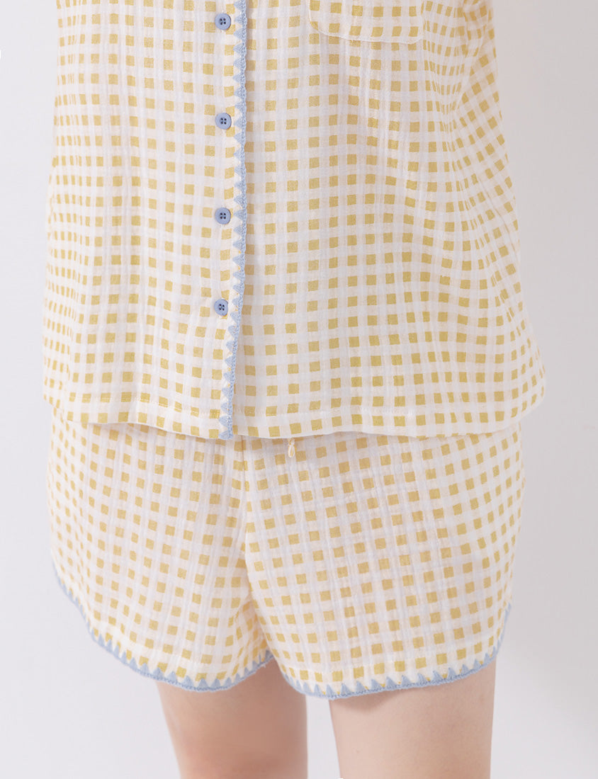 Skin-Friendly Gingham Contrast Frill Casual Plus Size Shirt