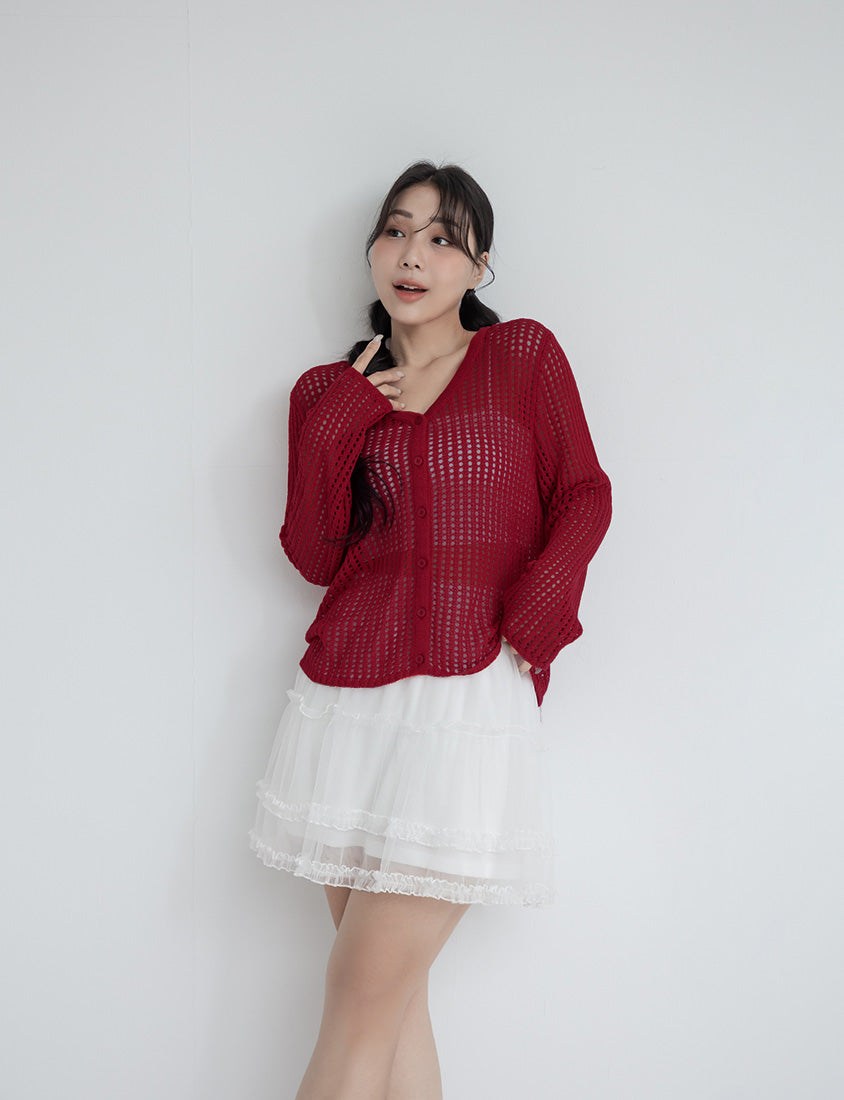 V-Neck Ice Silk Openwork Knit Plus Size Cardigan