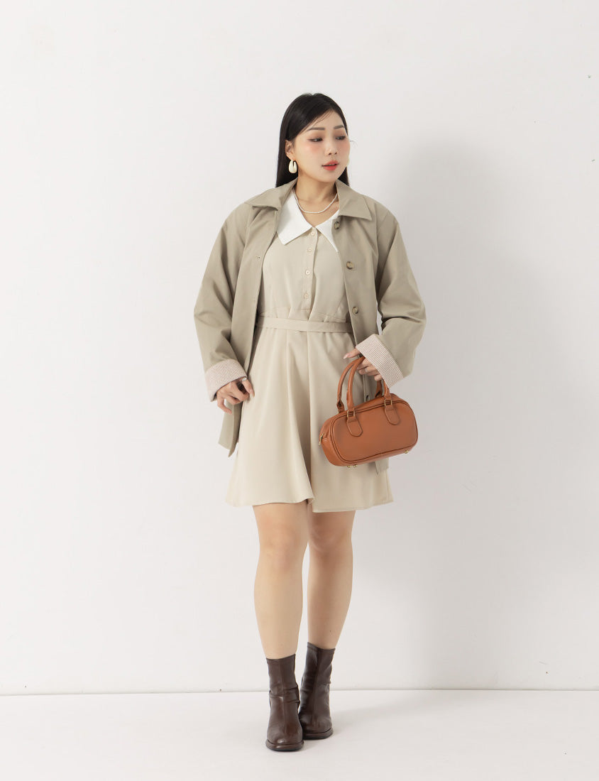 MISS. Faux Two Piece Chiffon Plus Size Long Sleeve Dress (With Waist Tie)