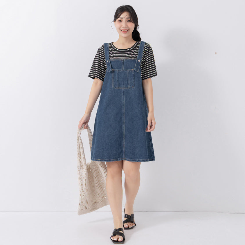 Stripe Faux Two Piece Denim Cami Plus Size Dress
