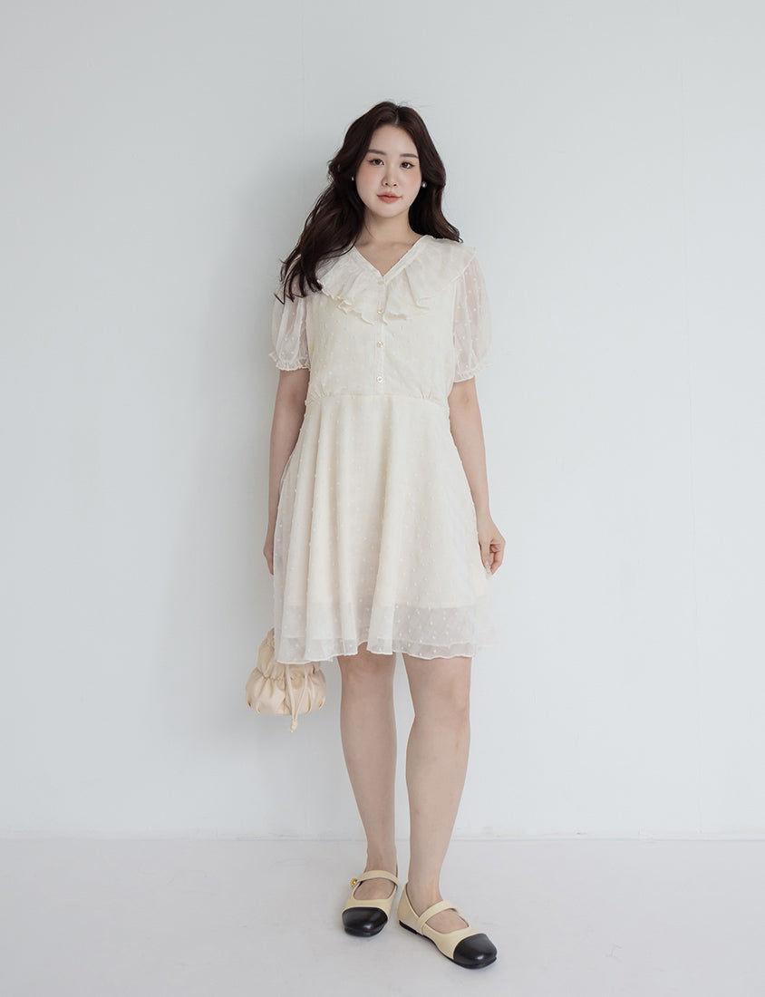 MISS. Polka Dot Jacquard Ruffle V-Neck Plus Size Mini Dress