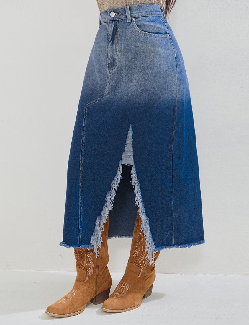 MUA! Gradient Distressed Denim Plus Size Maxi Skirt