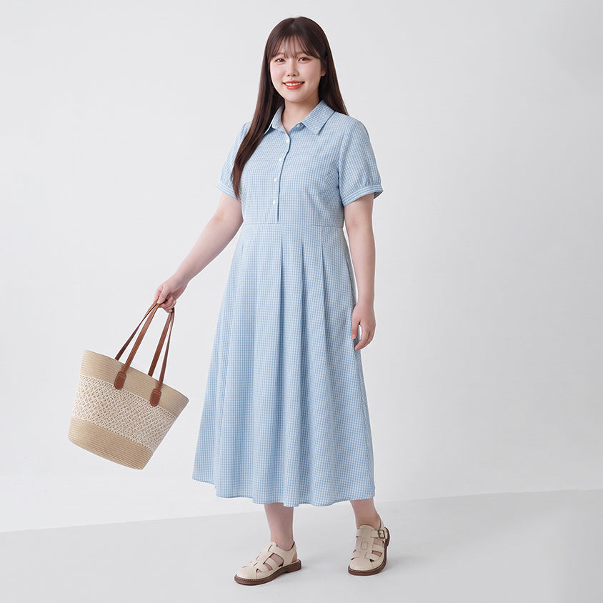 Collared Button-Up Gingham Plus Size Maxi Dress