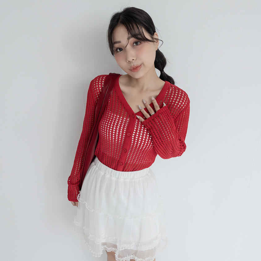 V-Neck Ice Silk Openwork Knit Plus Size Cardigan