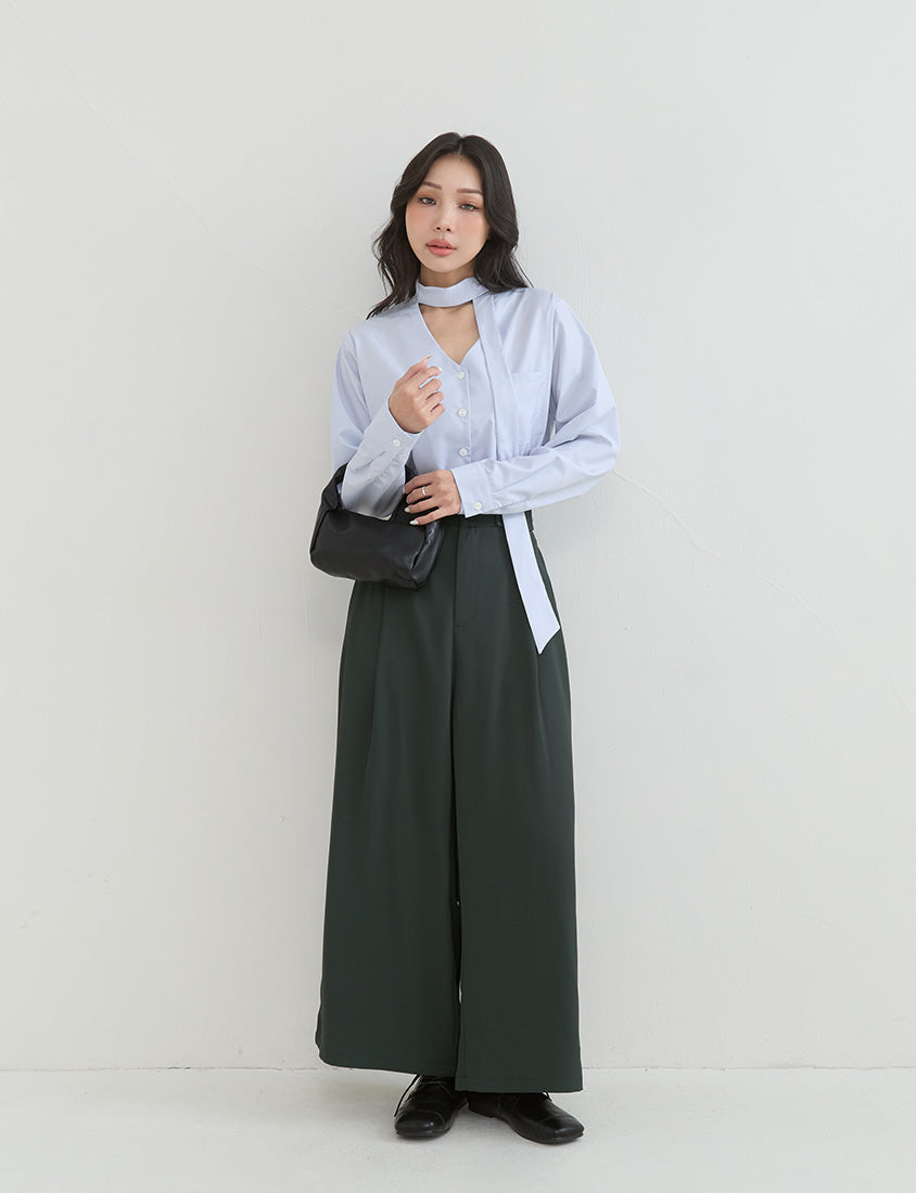 Korean Style Tie Neck Long Sleeve Plus Size Blouse