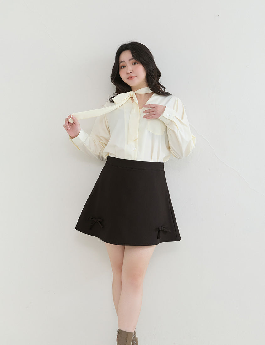 Korean Style Tie Neck Long Sleeve Plus Size Blouse