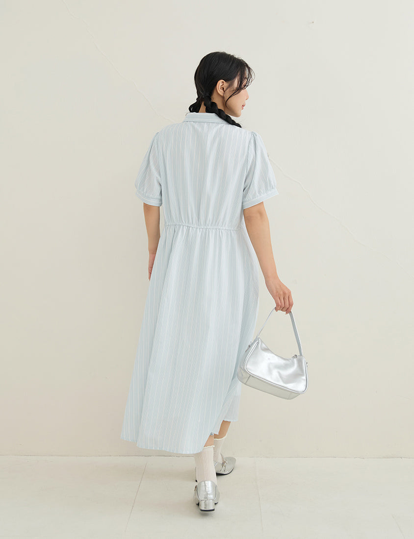 Japanese Contrast Stripe Shirt Collar Plus Size Maxi Dress