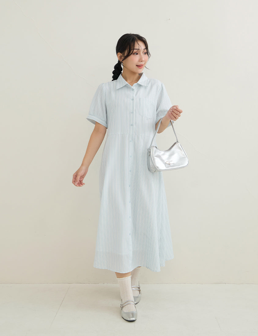 Japanese Contrast Stripe Shirt Collar Plus Size Maxi Dress