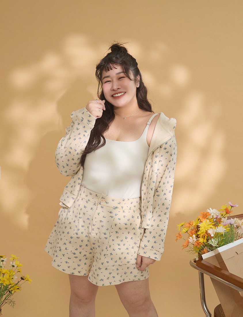 Sweet Floral Waffle Cropped Plus Size Hoodie