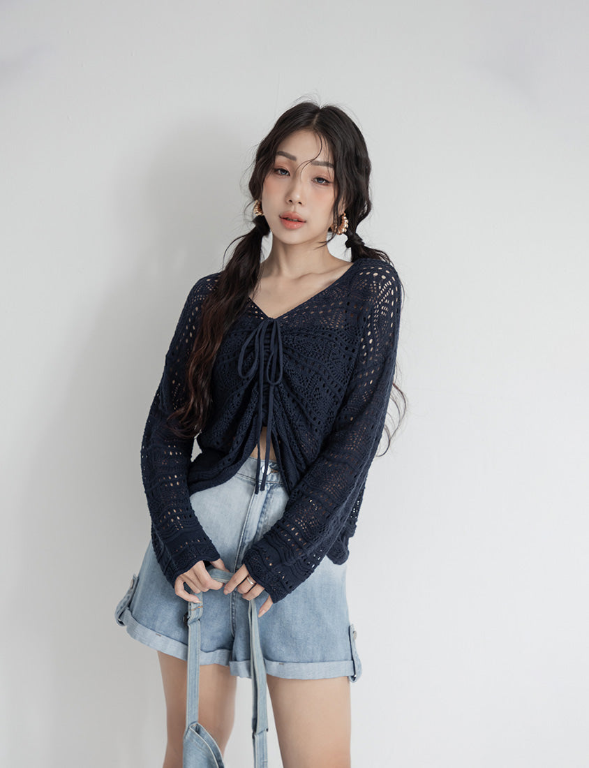 MUA! Lace Openwork Drawstring Knit Plus Size Top