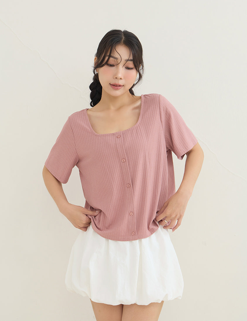Square Neck Floral Faux Button Waffle Plus Size Top