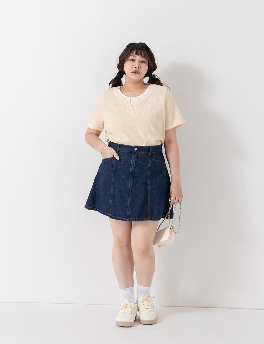 Apple-Shaped Friendly! Perfect Fit Seamed A-Line Denim Plus Size Mini Skirt