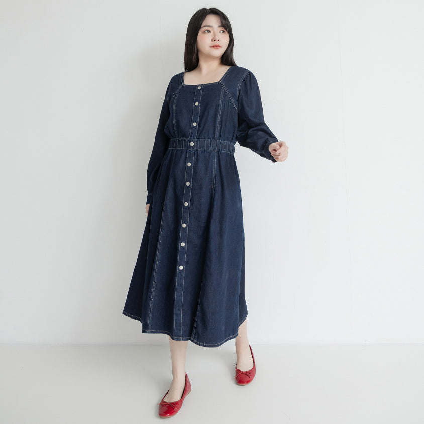 Smock-Waisted Square Neck Faux-Button Denim Plus Size Maxi Dress