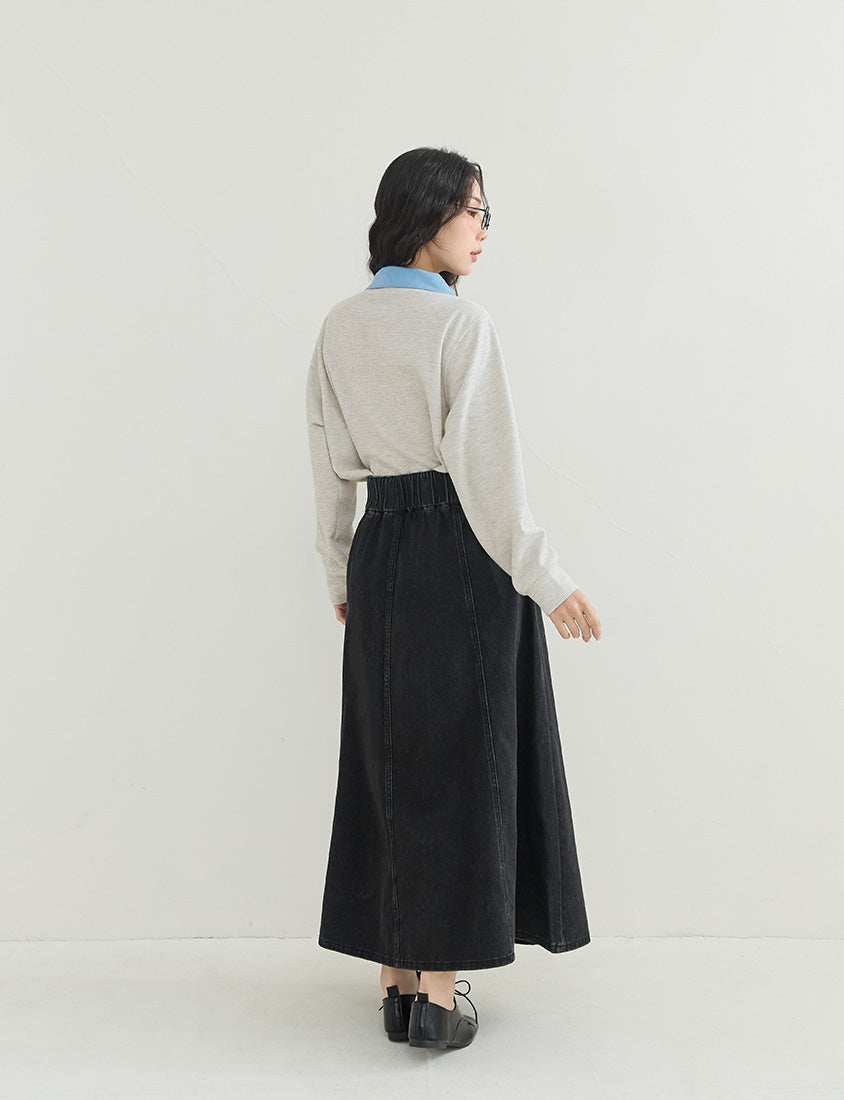 High Waist Flared Denim Plus Size Maxi Skirt