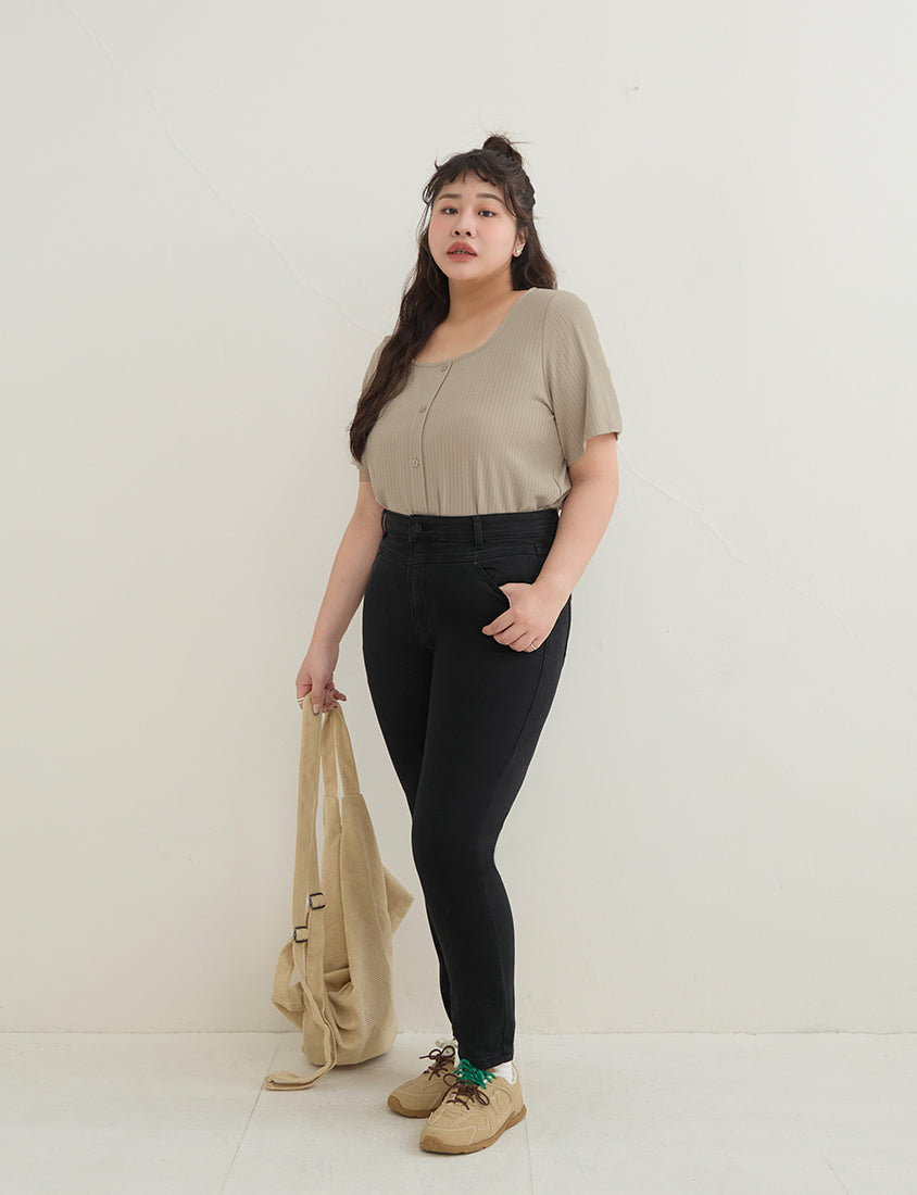 Square Neck Floral Faux Button Waffle Plus Size Top