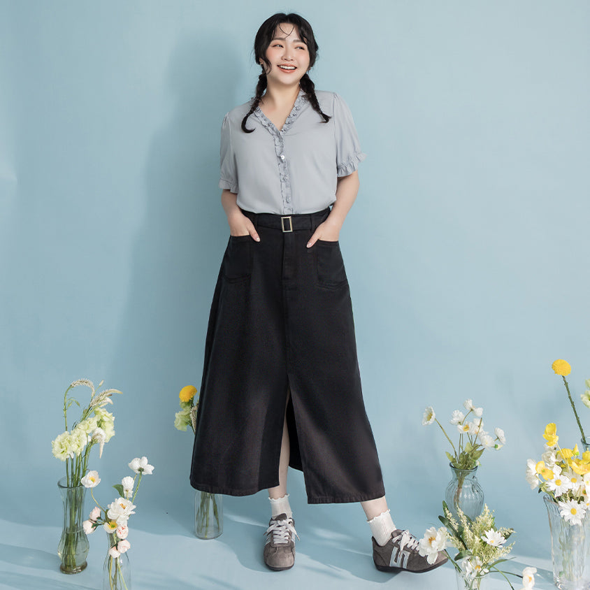 Lyocell Twill A-Line Plus Size Maxi Skirt (With Belt)