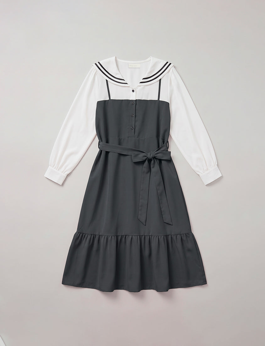 Contrast Sailor Collar Faux Two Piece Plus Size Maxi Dress (With Waist Tie)