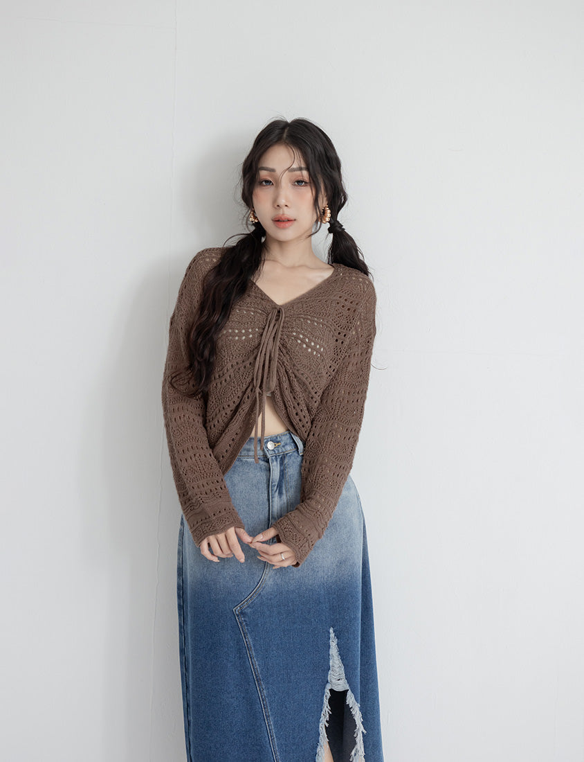 MUA! Lace Openwork Drawstring Knit Plus Size Top