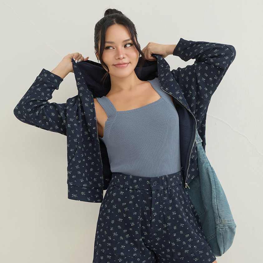Sweet Floral Waffle Cropped Plus Size Hoodie