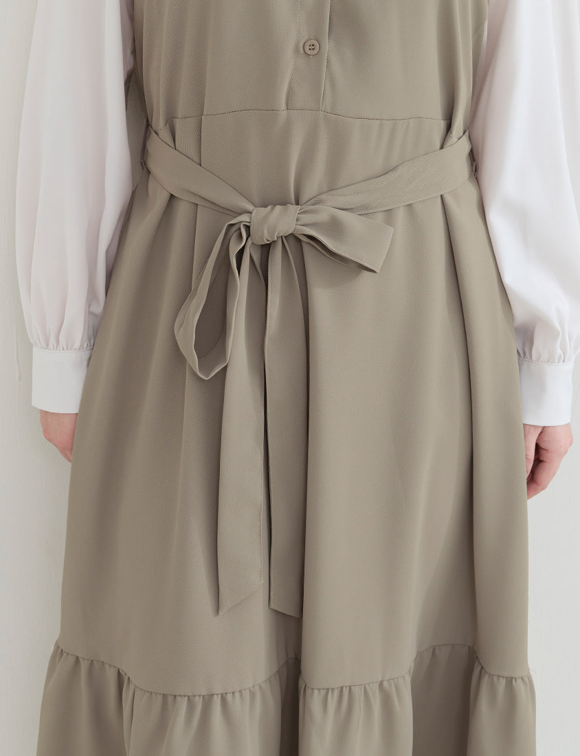 Contrast Sailor Collar Faux Two Piece Plus Size Maxi Dress (With Waist Tie)