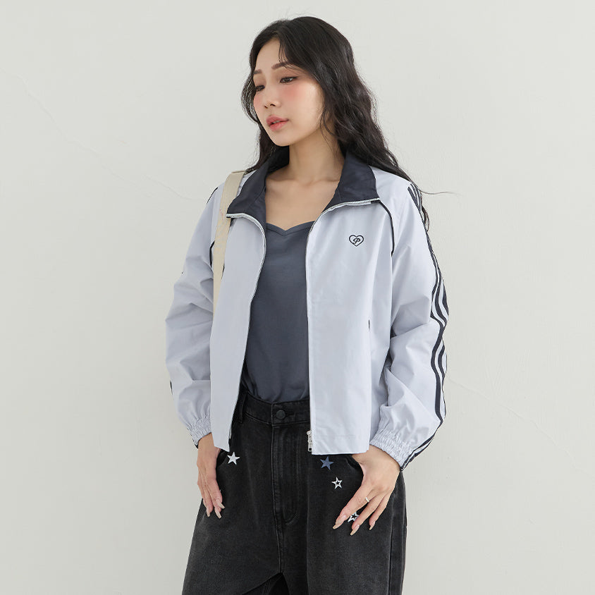 Korean-Inspired Retro Contrast Sporty Stand Collar Plus Size Jacket