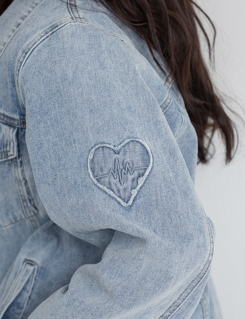 Heartbeat Applique Embroidered Oversized Denim Jacket (Unisex)