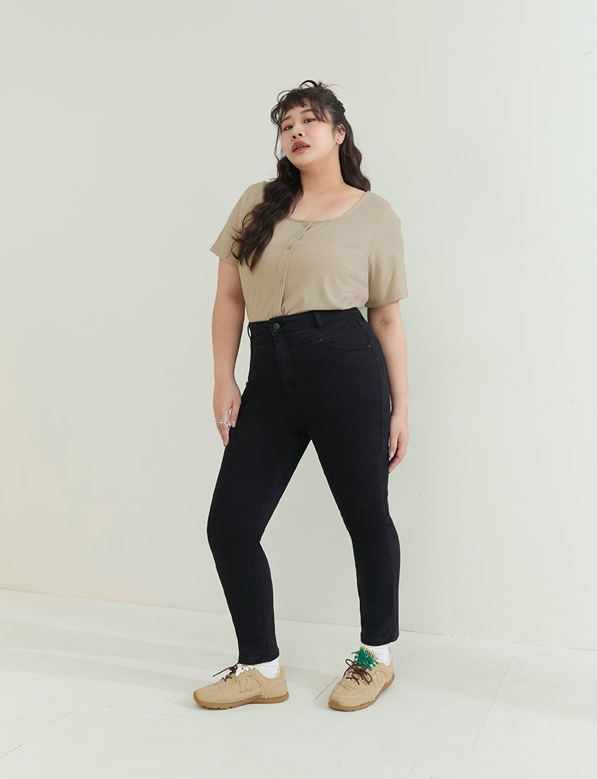 Square Neck Floral Faux Button Waffle Plus Size Top