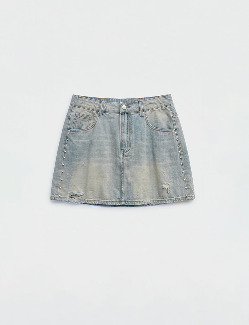 MUA! Side Pearl Studded Distressed Denim Plus Size Mini Skirt