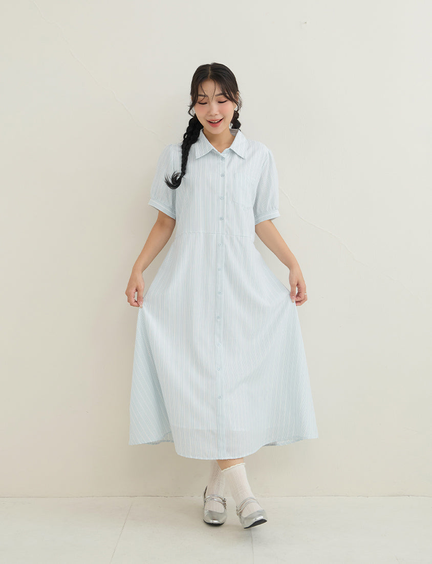 Japanese Contrast Stripe Shirt Collar Plus Size Maxi Dress